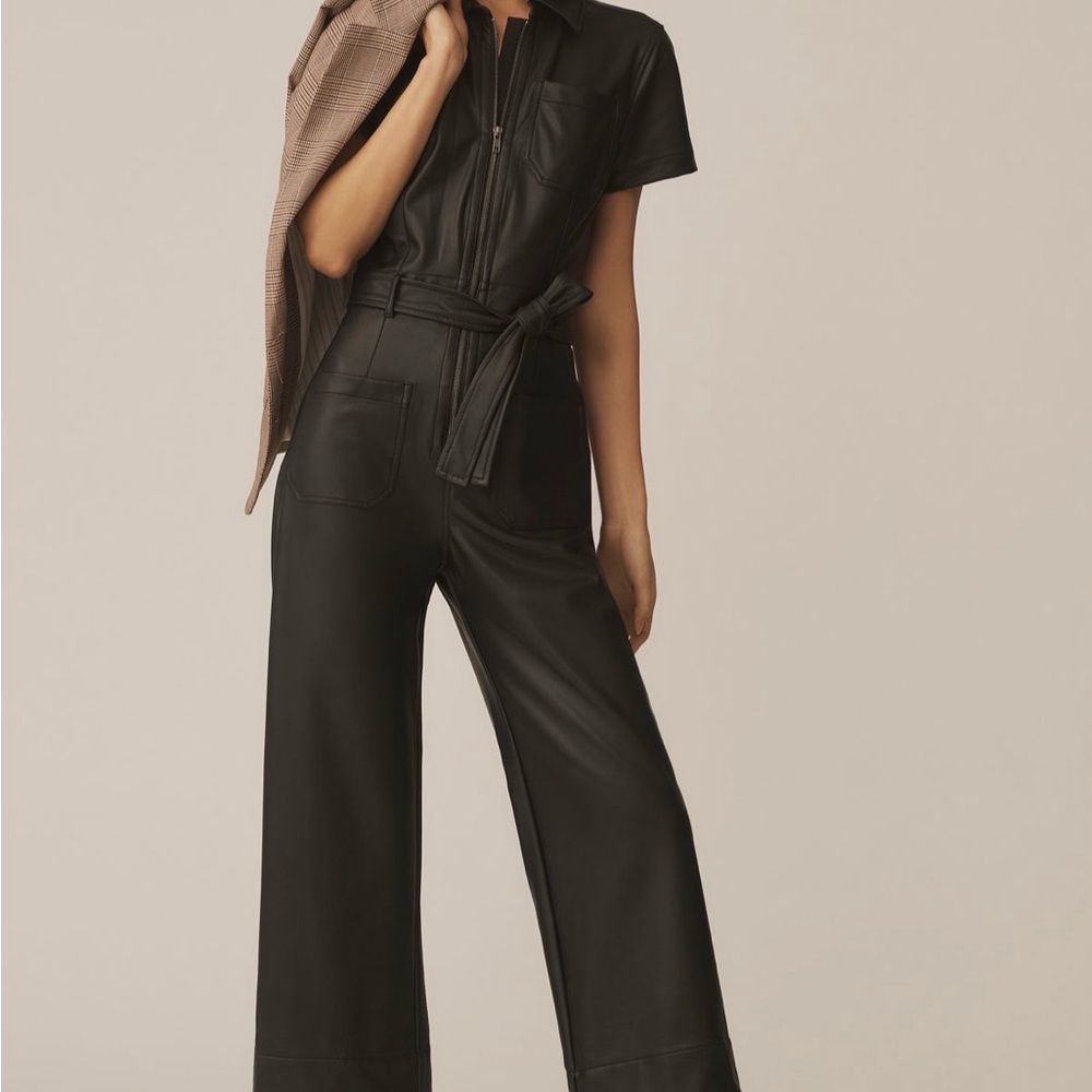 Maeve Black Faux-Leather Short-Sleeve Wide-Leg Jumpsuit